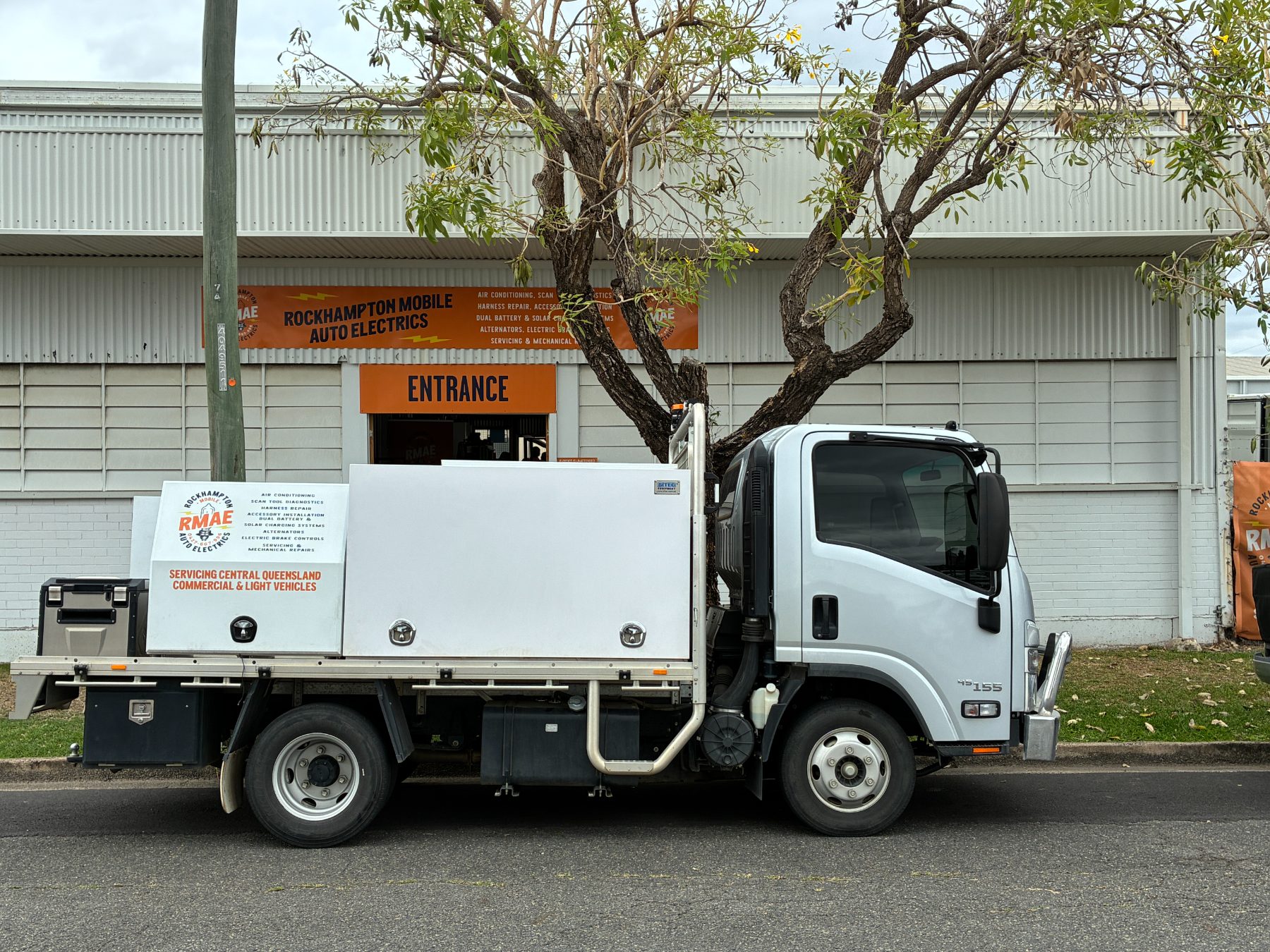The RMAE service truck parked outside the Kent Street workshop